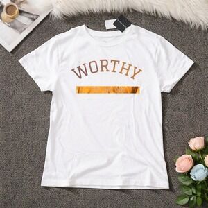 Coco Michele Women's Worthy Graphic T-Shirt White Gold Foil Cotton, Size L, NWT